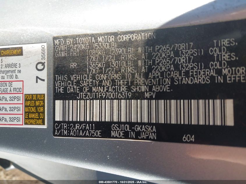 2007 Toyota Fj Cruiser VIN: JTEZU11F970016319 Lot: 43581770