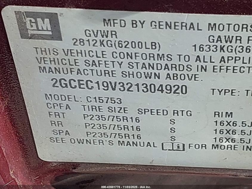 2002 Chevrolet Silverado C1500 VIN: 2GCEC19V321304920 Lot: 43581778