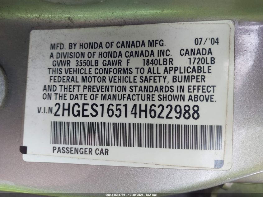 2004 Honda Civic Lx VIN: 2HGES16514H622988 Lot: 43581791