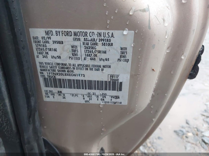 1999 Ford F-250 Lariat/Xl/Xlt VIN: 1FTNX20L8XED61173 Lot: 43581799