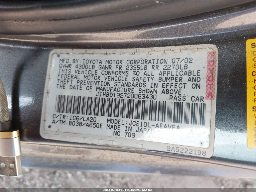 2002 Lexus Is 300 VIN: JTHBD192720063430 Lot: 43581811