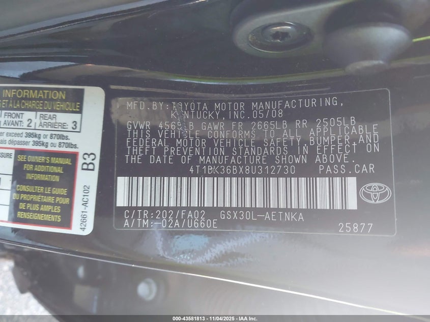 2008 Toyota Avalon Xl VIN: 4T1BK36BX8U312730 Lot: 43581813