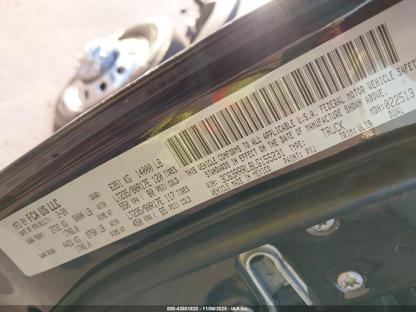 2020 Ram 3500 Limited 4X4 8' Box VIN: 3C63RRRL8LG155231 Lot: 43581820