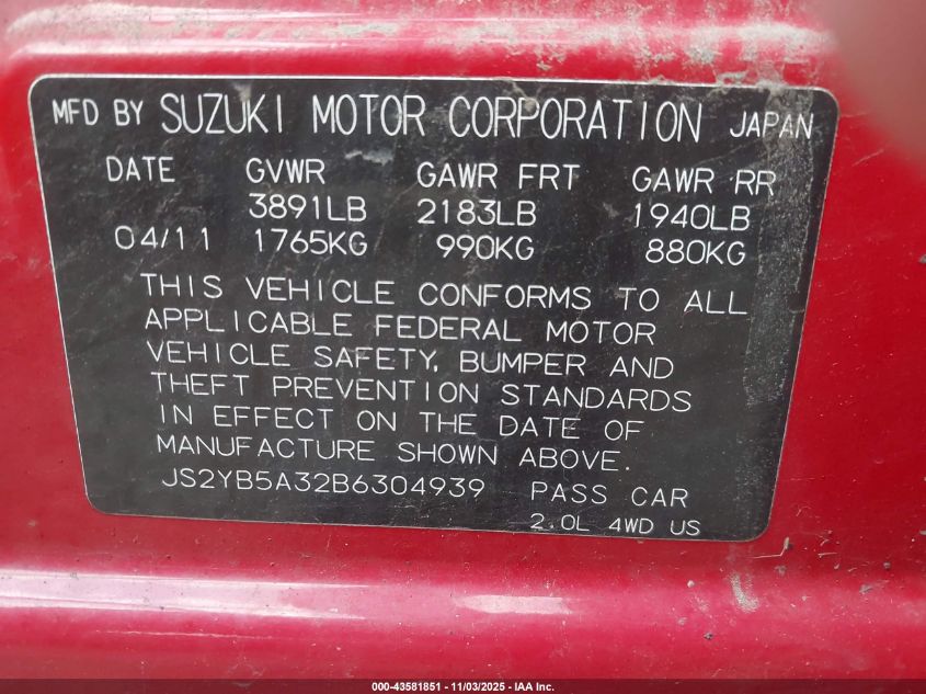 2011 Suzuki Sx4 Premium/Tech Valu Pkg (Nav) VIN: JS2YB5A32B6304939 Lot: 43581851