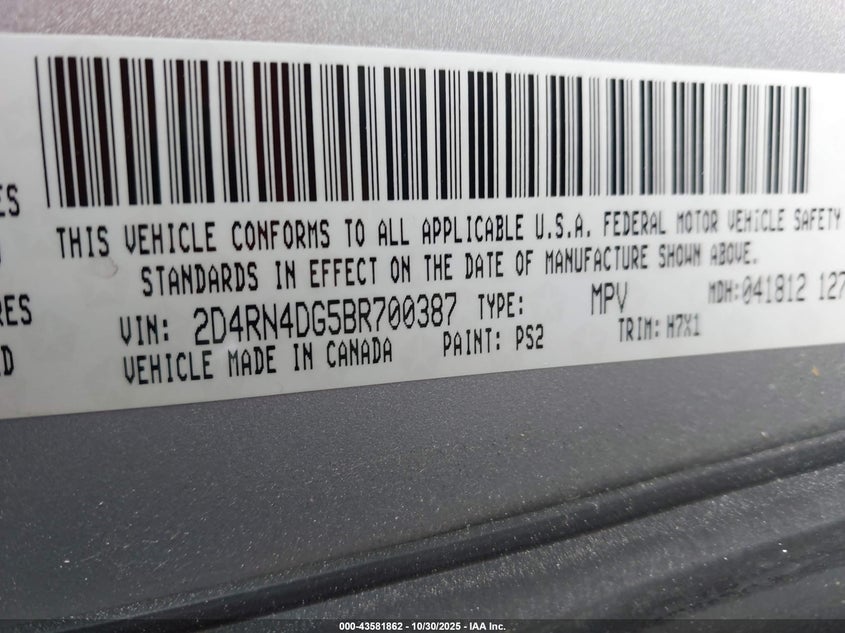 2011 Dodge Grand Caravan Express VIN: 2D4RN4DG5BR700387 Lot: 43581862