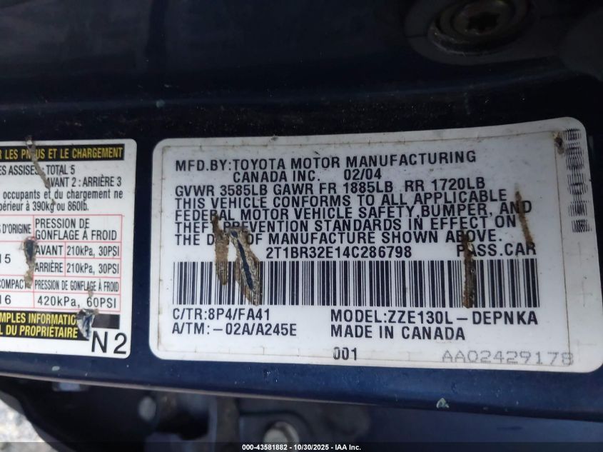 2004 Toyota Corolla Le VIN: 2T1BR32E14C286798 Lot: 43581882