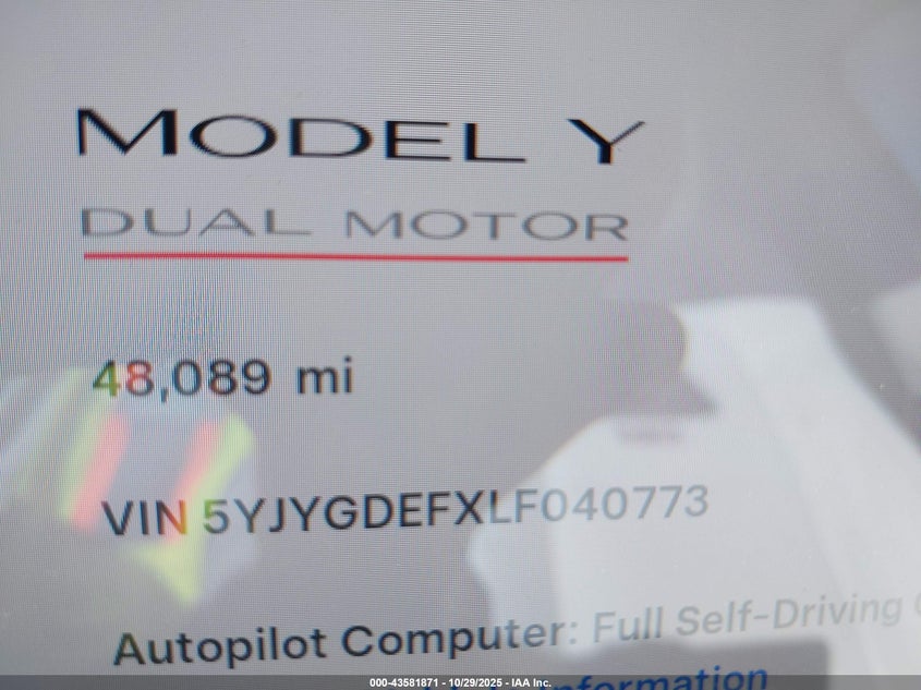 2020 Tesla Model Y Long Range Dual Motor All-Wheel Drive/Performance Dual Motor All-Wheel Drive VIN: 5YJYGDEFXLF040773 Lot: 43581871
