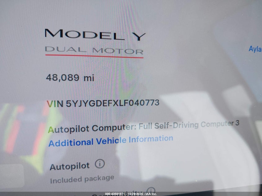 2020 Tesla Model Y Long Range Dual Motor All-Wheel Drive/Performance Dual Motor All-Wheel Drive VIN: 5YJYGDEFXLF040773 Lot: 43581871