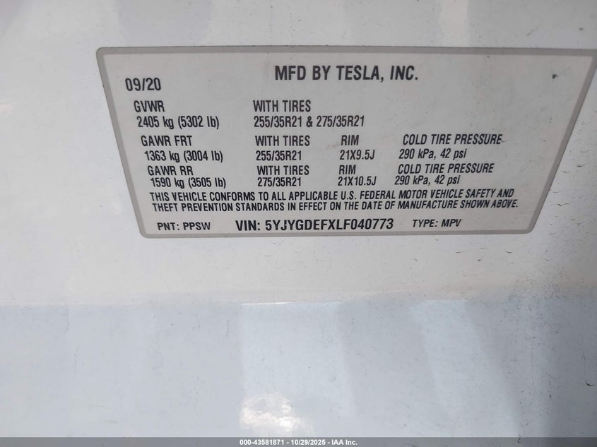2020 Tesla Model Y Long Range Dual Motor All-Wheel Drive/Performance Dual Motor All-Wheel Drive VIN: 5YJYGDEFXLF040773 Lot: 43581871