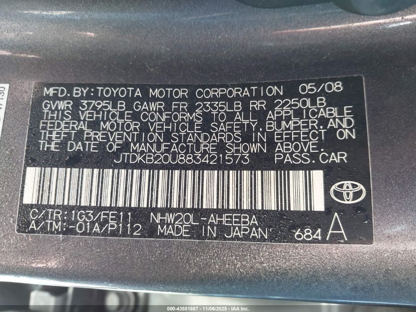 2008 Toyota Prius VIN: JTDKB20U883421573 Lot: 43581887