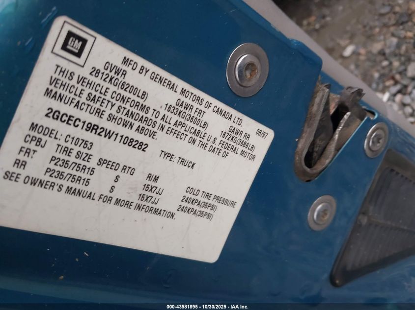 1998 Chevrolet C1500 Fleetside VIN: 2GCEC19R2W1108282 Lot: 43581895