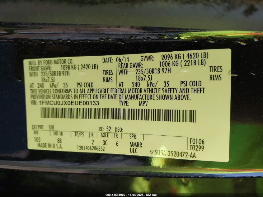 2014 Ford Escape Titanium VIN: 1FMCU0JX0EUE00133 Lot: 43581902