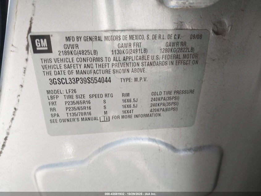 2009 Saturn Vue 4-Cyl Xe VIN: 3GSCL33P39S554044 Lot: 43581932