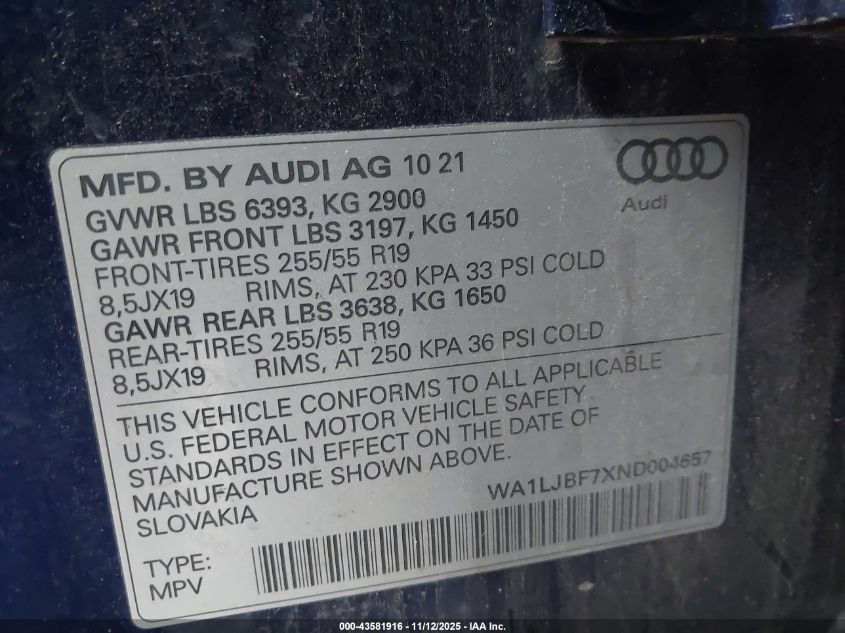 2022 Audi Q7 Premium Plus 45 Tfsi Quattro Tiptronic VIN: WA1LJBF7XND004657 Lot: 43581916