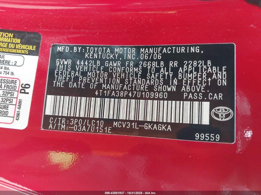 2007 Toyota Camry Solara Sle VIN: 4T1FA38P47U109960 Lot: 43581937