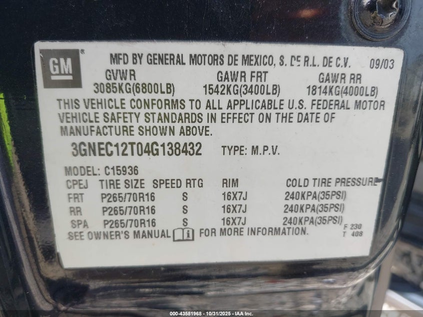 2004 Chevrolet Avalanche 1500 VIN: 3GNEC12T04G138432 Lot: 43581968
