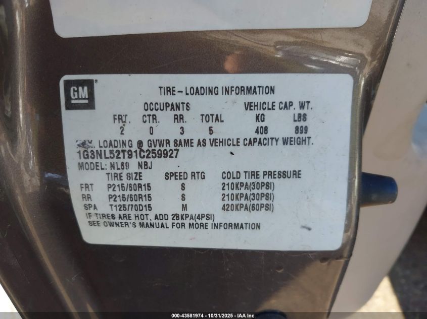 2001 Oldsmobile Alero Gl1 VIN: 1G3NL52T91C259927 Lot: 43581974