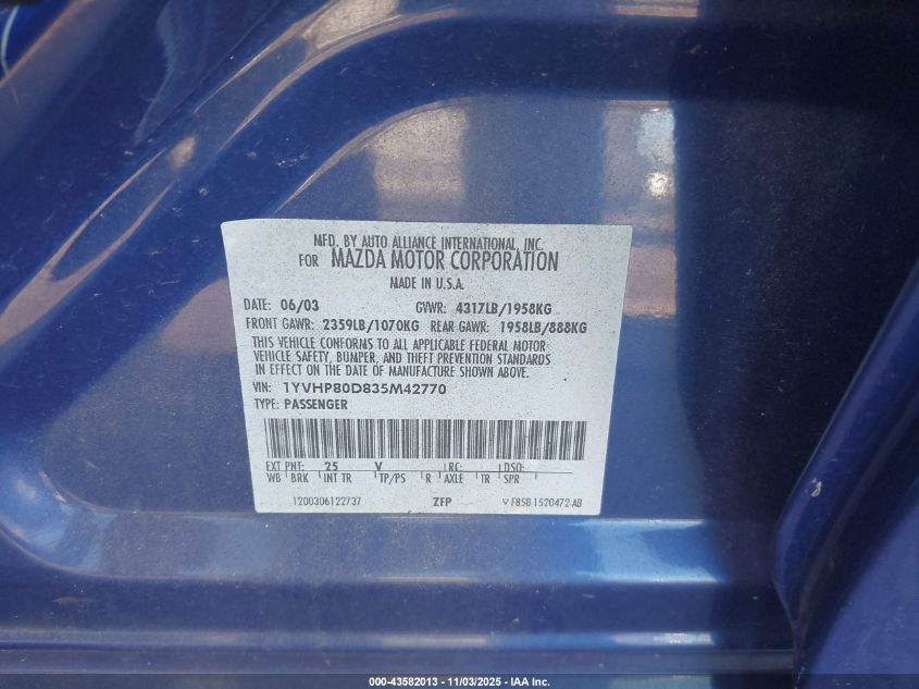 2003 Mazda Mazda6 S VIN: 1YVHP80D835M42770 Lot: 43582013