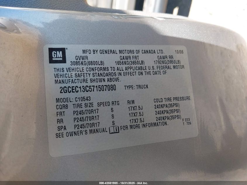 2007 Chevrolet Silverado 1500 Work Truck VIN: 2GCEC13C571507080 Lot: 43581985
