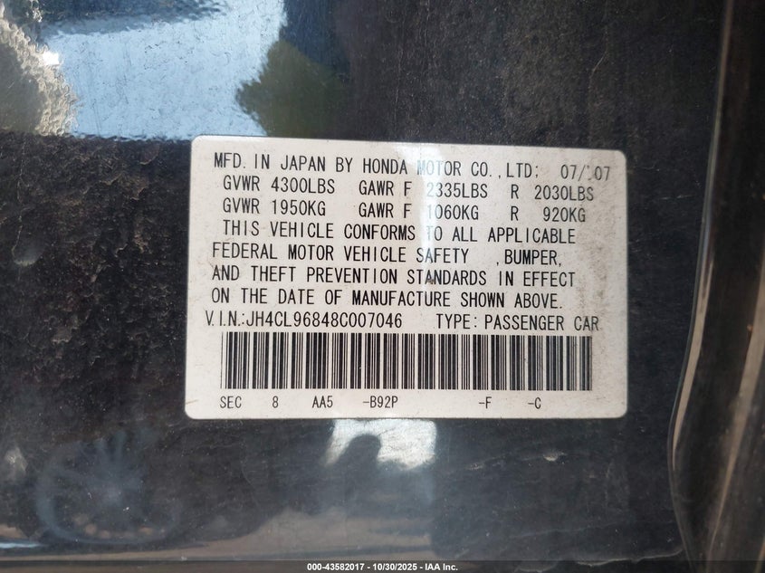 2008 Acura Tsx VIN: JH4CL96848C007046 Lot: 43582017