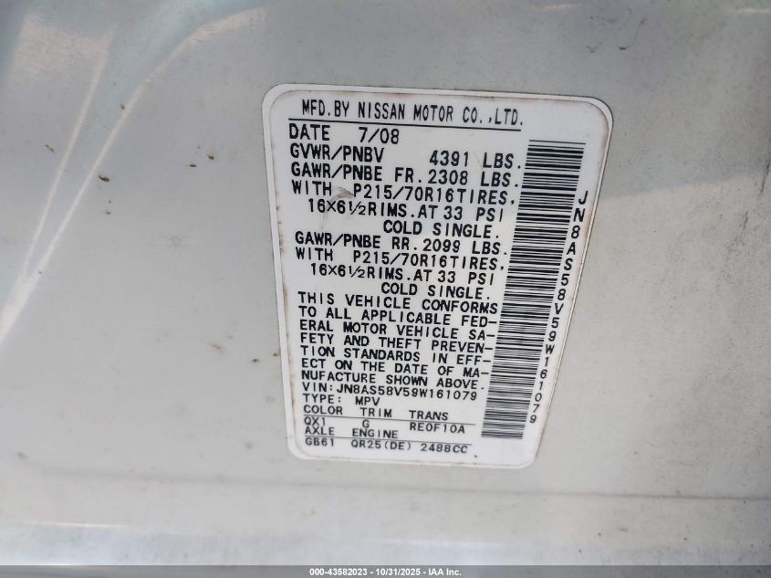 2009 Nissan Rogue S VIN: JN8AS58V59W161079 Lot: 43582023