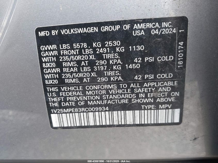 2024 Volkswagen Id.4 S VIN: 1V25MPE83RC009934 Lot: 43581996