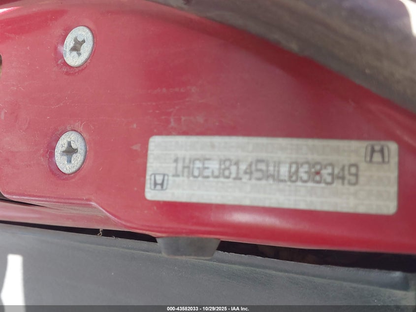 1998 Honda Civic Ex VIN: 1HGEJ8145WL038349 Lot: 43582033