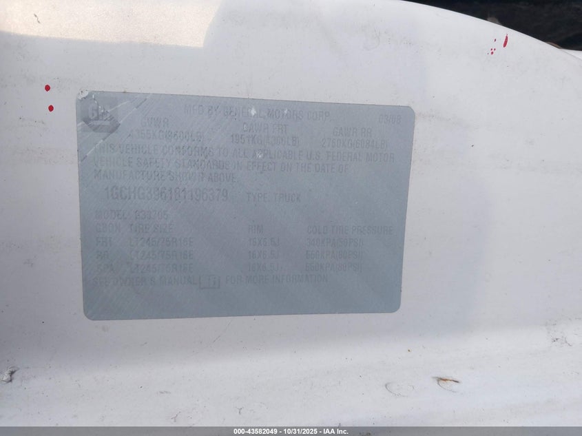 2008 Chevrolet Express Work Van VIN: 1GCHG396181196379 Lot: 43582049