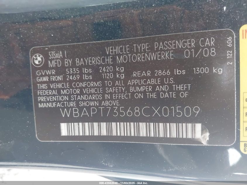 2008 BMW 535Xi VIN: WBAPT73568CX01509 Lot: 43582048