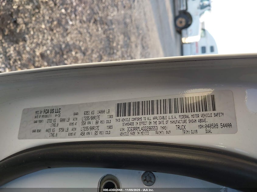 2016 Ram 3500 Laramie VIN: 3C63RRML4GG296553 Lot: 43582065