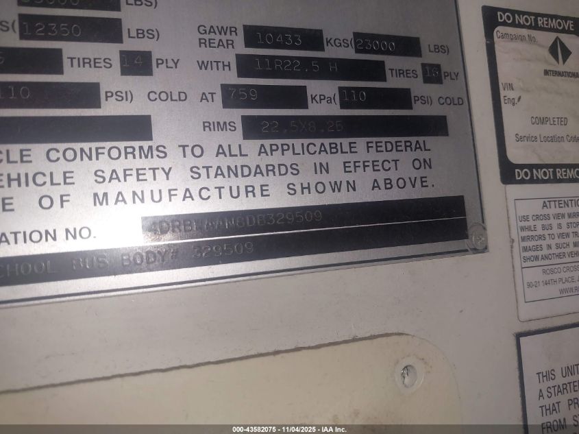 2013 Ic Corporation 3000 Re VIN: 4DRBWAAN8DB329509 Lot: 43582075