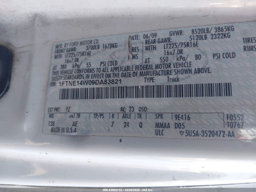 2009 Ford E-150 Commercial/Recreational VIN: 1FTNE14W09DA83821 Lot: 43582132