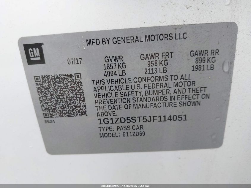 2018 Chevrolet Malibu Lt VIN: 1G1ZD5ST5JF114051 Lot: 43582127