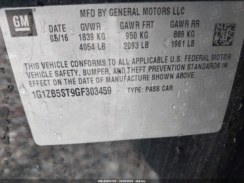 2016 Chevrolet Malibu Ls VIN: 1G1ZB5ST9GF303459 Lot: 43582189