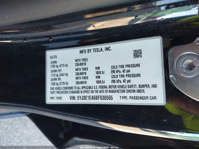 2025 Tesla Model 3 Long Range Rear-Wheel Drive/Standard VIN: 5YJ3E1EA6SF030565 Lot: 43582213