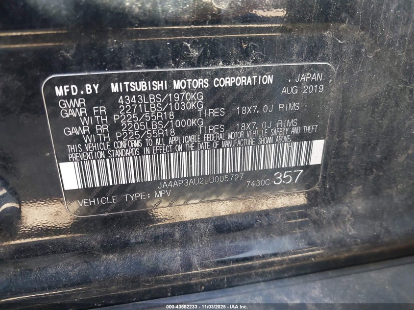 2020 MITSUBISHI OUTLANDER SPORT 2.0 ES JA4AP3AU2LU005727