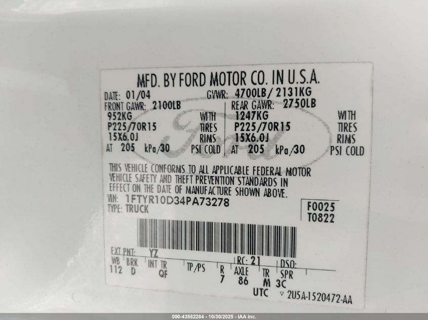 2004 Ford Ranger Xl/Xlt VIN: 1FTYR10D34PA73278 Lot: 43582284