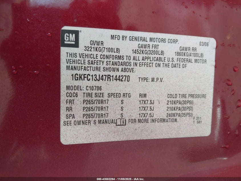 2007 GMC Yukon Slt VIN: 1GKFC13J47R144270 Lot: 43582294