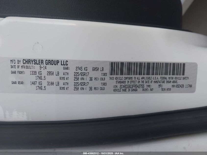 2015 Dodge Grand Caravan Se VIN: 2C4RDGBG3FR542755 Lot: 43582312