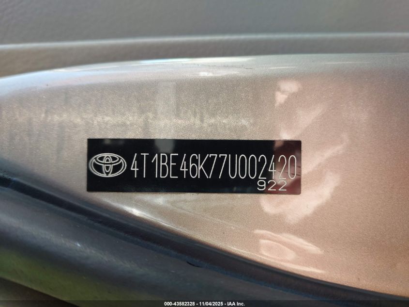 2007 Toyota Camry Xle VIN: 4T1BE46K77U002420 Lot: 43582328