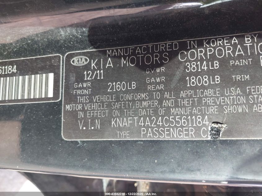 2012 Kia Forte Lx VIN: KNAFT4A24C5561184 Lot: 43582318