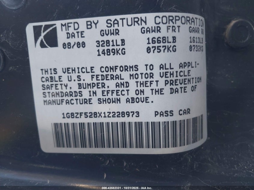 1G8ZF528X1Z228973 2001 SATURN SL photo no. 9