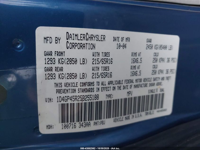 2005 Dodge Caravan Sxt VIN: 1D4GP45R25B255188 Lot: 43582362