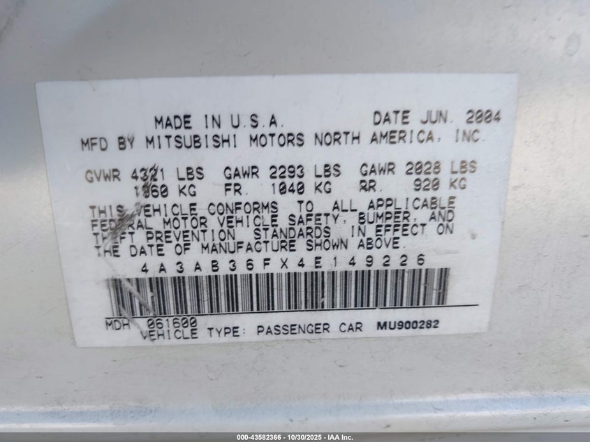 2004 Mitsubishi Galant Es VIN: 4A3AB36FX4E149226 Lot: 43582366