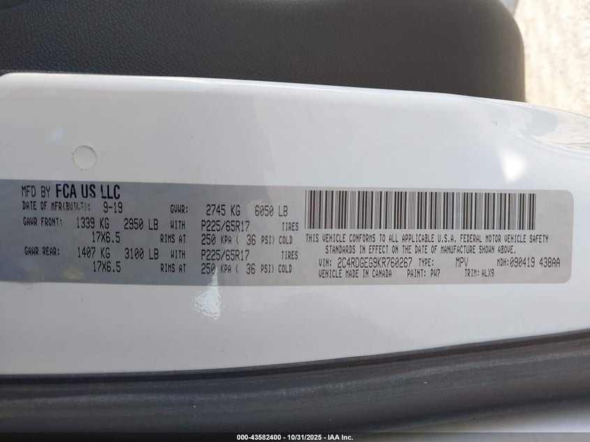 2019 Dodge Grand Caravan Gt VIN: 2C4RDGEG9KR760267 Lot: 43582400