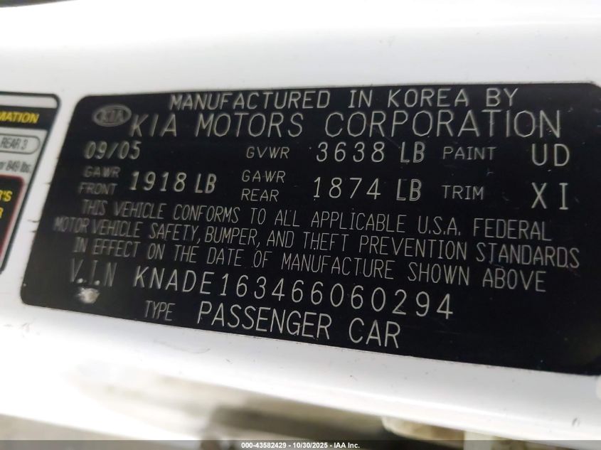 2006 Kia Rio5 Sx VIN: KNADE163466060294 Lot: 43582429