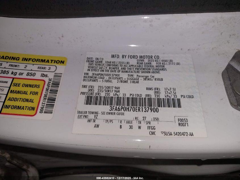 2014 Ford Fusion Se VIN: 3FA6P0H70ER137900 Lot: 43582410