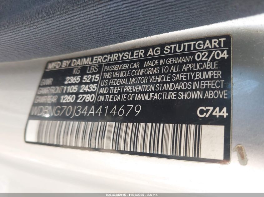 2004 Mercedes-Benz S 430 VIN: WDBNG70J34A414679 Lot: 43582415