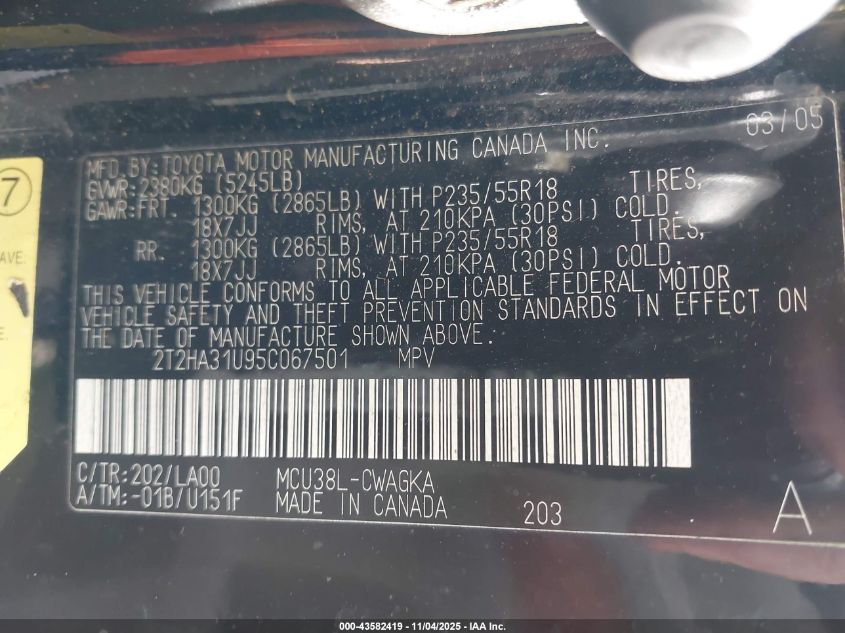 2005 Lexus Rx 330 VIN: 2T2HA31U95C067501 Lot: 43582419