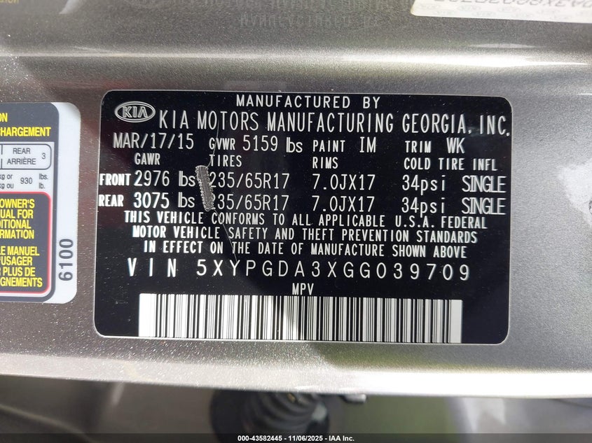 2016 Kia Sorento 2.4L Lx VIN: 5XYPGDA3XGG039709 Lot: 43582445